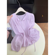 批发实拍 控价20 泡泡袖薄款透气蓬蓬上衣女新款系带圆领长袖<b class='q'>雪纺衫</b>