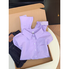 批发实拍 控价20 紫色拼接条纹polo领<b class='q'>衬衫</b>女新款宽松休闲长袖<b class='q'>衬衣</b>