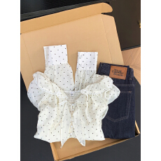 批发实拍 控价20 荷叶边波点<b class='q'>衬衫</b><b class='q'>女长袖</b>新款不规则设计感斜肩挂脖上衣