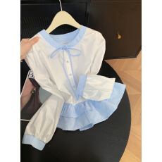 批发实拍 控价20 蝴蝶结系带圆领衬衫女新款撞色格子拼接荷叶边衬衣