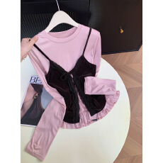 批发实拍 控价20 叠穿丝绒吊带女新款<b class='q'>甜美</b>减龄蕾丝拼接系带上衣两件套