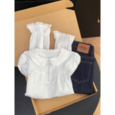 批发实拍 控价20 蕾丝花边娃娃领白衬衫女新款宽松内搭提花设计感衬衣