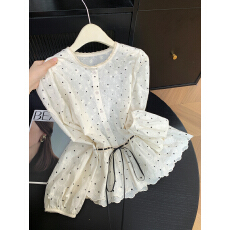 批发实拍 控价20 法式复古蕾丝刺绣长袖衬衫女蝴蝶结系带收腰波点衬衣