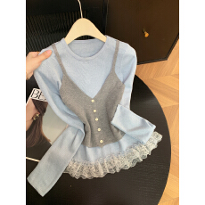 批发实拍 控价20 吊带假两件蕾丝拼接长袖针织衫<b class='q'>女</b>设计感小众两件套