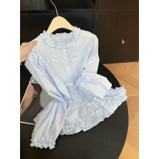 批发实拍 控价20 法式甜美木耳边蝴蝶结长袖衬衫女新款减龄百搭衬衣