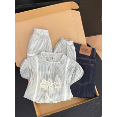 批发实拍 控价20 法式高级感立体花朵格子衬衫女新款蕾丝拼接衬衣