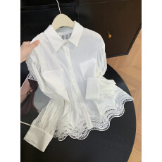 批发实拍 控价20 新款时尚设计感镂空蕾丝拼接衬衣蕾丝花边长袖衬衫