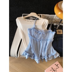 批发实拍 控价20 甜美木耳边<b class='q'>网纱</b>吊带+纯色长袖打底两件套女