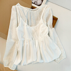 批发实拍 控价20 韩系甜美<b class='q'>波点</b><b class='q'>衬衫</b>女高级感蝴蝶结绑带吊带背心套装