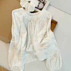 批发实拍 控价20 淑女风<b class='q'>韩版</b>绑带圆领碎花衬衫女漂亮蕾丝压褶拼接长袖