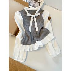 批发实拍 控价20 假两件拼接衬衫法式优雅蝴蝶结装饰立领打底小衫上衣