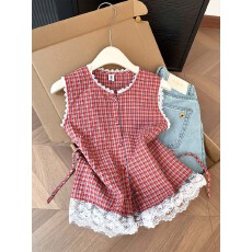 批发实拍 控价20 复古甜辣风蕾丝花边<b class='q'>格子</b>无袖<b class='q'>衬衫</b>女收腰绑带背心上衣