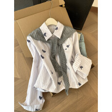 批发实拍 控价20 韩系学院风小马刺绣条纹衬衫女镂空<b class='q'>针织</b>披肩<b class='q'>短款</b>上衣