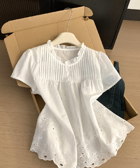 실사 통제 가격 20 달콤함 화이트 홀로우 아웃 자수 인형 셔츠 여성 여름 루즈핏 프릴 레이스 셔츠 맨위