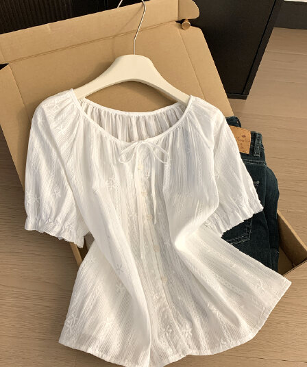 실사 통제 가격 20 프랑스식 부드러운 바람 화이트 거품 소매 자수 여성 셔츠 여름 레이스 레이스업 라운드 넥 맨위