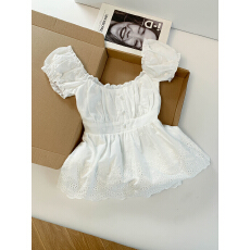 批发实拍 控价20 蓝色方领泡泡袖镂空刺绣衬衫女夏收腰显瘦蕾丝边上衣