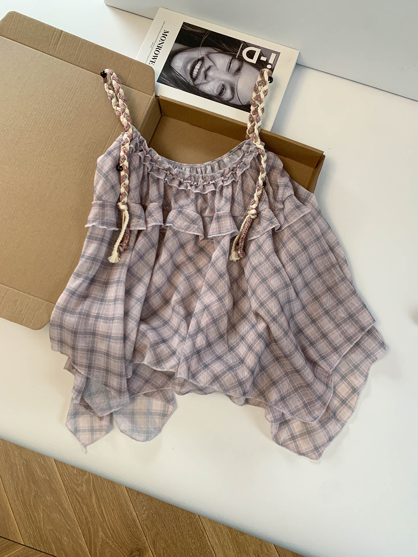 실사 통제 가격 20 불규칙 프릴 체크무늬 캐미솔 여름 꼰 로프 달콤함 프릴 맨위