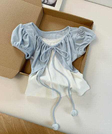 실사 통제 가격 20 달콤한 매운맛 바람 거품 소매 페이크 레이어드 반팔 티셔츠 여성 여름 레이스 레이스업 파란색 맨위