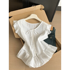 批发实拍 控价20 甜美风白色系带圆领飞飞袖衬衫女夏镂空蕾丝刺绣上衣