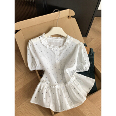 批发实拍 控价20 温柔风白色木耳边波点衬衫上衣女夏季泡泡袖娃娃衫