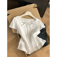 批发实拍 控价20 法式蕾丝木耳边刺绣衬衫<b class='q'>女</b>夏季设计感系带白色上衣