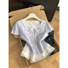 批发实拍 控价20 法式条纹刺绣系带衬衫<b class='q'>女</b>夏季蕾丝花边拼接圆领上衣