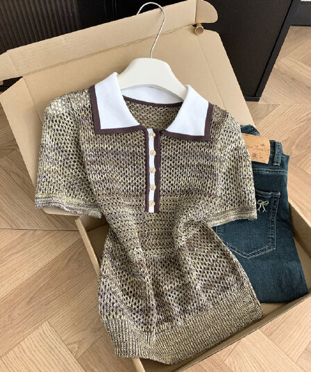 실사 통제 가격 20 작은 샤넬 스타일 배색 POLO 칼라 반팔 니트 스웨터 여성 여름 메쉬 홀로우 아웃 얇은 스타일 맨위