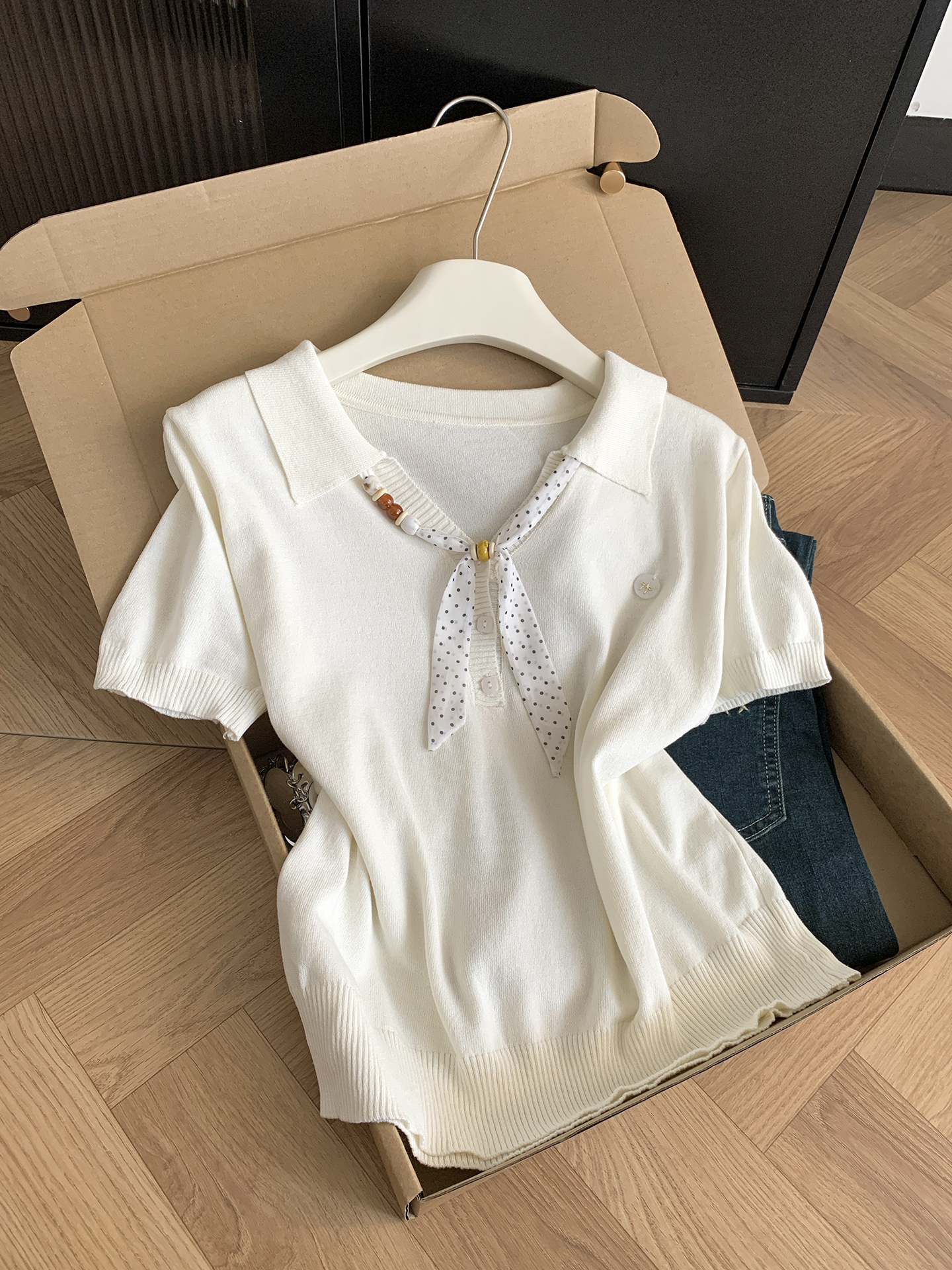 실사 통제 가격 20 한 부서 출퇴근 바람 도트 무늬 스카프 니트 반팔 여성 여름 프랑스식 화이트 POLO 칼라 맨위