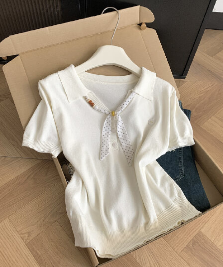 실사 통제 가격 20 한 부서 출퇴근 바람 도트 무늬 스카프 니트 반팔 여성 여름 프랑스식 화이트 POLO 칼라 맨위