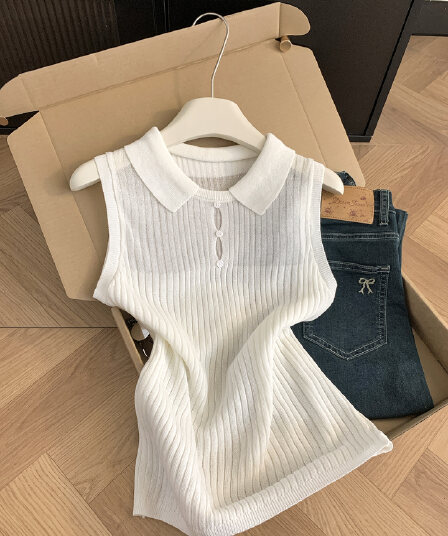 실사 통제 가격 20 한 부서 화이트 POLO 칼라 홀로우 아웃 니트 조끼 여성 여름 얼음 실크 구덩이 기사 민소매 맨위