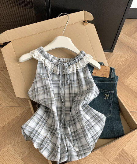 실사 통제 가격 20 한 부서 달콤한 스타일 레이스 행침 목 체크무늬 조끼 여성 여름 레이스업 오프숄더 꽃밭 맨위