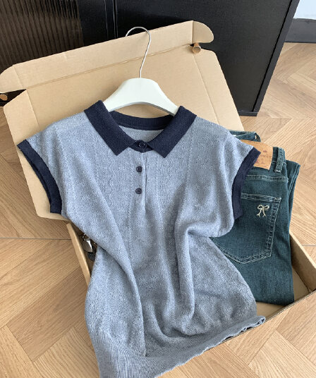 실사 통제 가격 20 한 부서 캐주얼 바람 배색 POLO 칼라 반팔 니트 스웨터 여성 여름 출퇴근 자카드 맨위