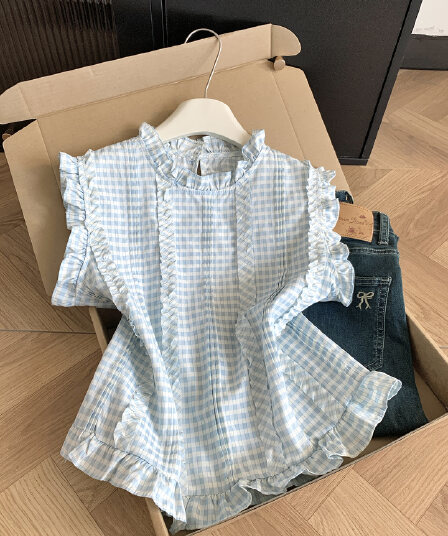 실사 통제 가격 20 한 부서 부드러운 바람 블루 화이트 체크무늬 민소매 여성 셔츠 Xiamu 귀 루즈핏 슬림해 보이는 맨위