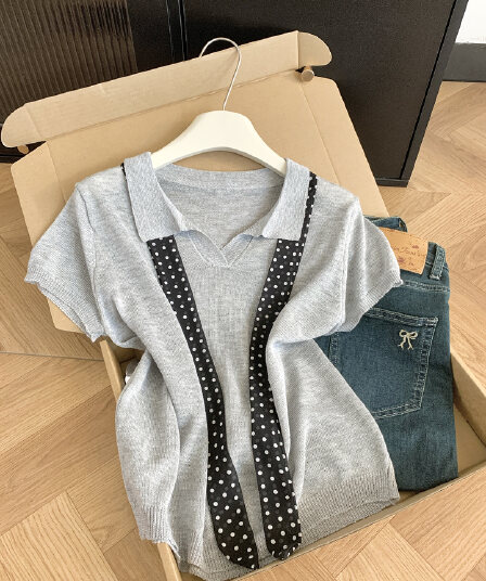 실사 통제 가격 20 한 부서 도트 무늬 리본 POLO 칼라 반팔 니트 스웨터 여성 여름 디자인 센스 슬림해 보이는 맨위