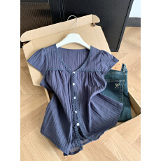 批发实拍 控价20 韩系V领立体<b class='q'>蕾丝</b>花边飞飞袖衬衫女夏季百搭薄款上衣