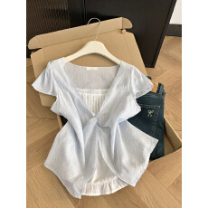 批发实拍 控价20 韩系假两件条纹衬衫女夏季<b class='q'>蕾丝</b>V领扭结设计感上衣