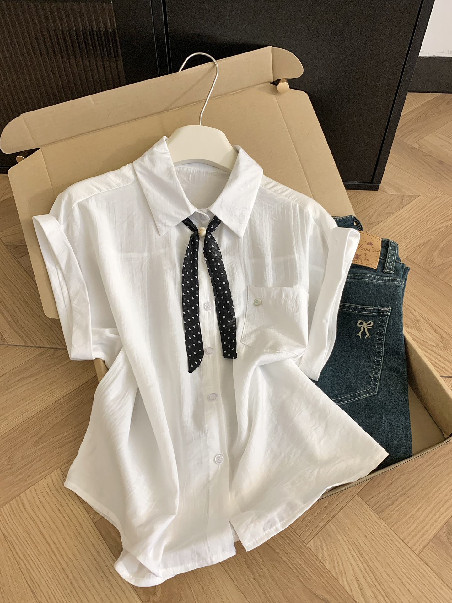 실사 통제 가격 20 한 부서 POLO 칼라 반팔 여성 셔츠 여름 프랑스식 도트 무늬 스카프 출퇴근 셔츠 맨위