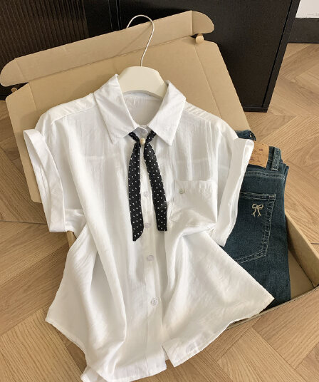 실사 통제 가격 20 한 부서 POLO 칼라 반팔 여성 셔츠 여름 프랑스식 도트 무늬 스카프 출퇴근 셔츠 맨위