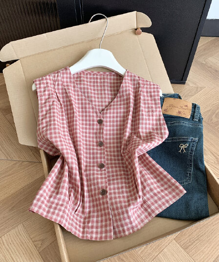 실사 통제 가격 20 한 부서 레트로 체크무늬 V넥 민소매 여성 셔츠 여름 캐주얼 허리 수축 슬림해 보이는 맨위