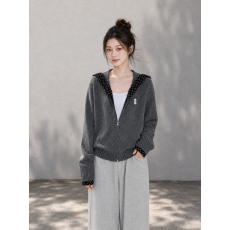 批发波点拼接设计感连帽毛衣<b class='q'>开衫</b><b class='q'>男</b>女春秋宽松拉链<b class='q'>针织</b>外套