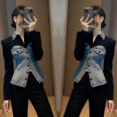 批发牛仔拼接上衣2025新款冬季独特漂亮高级感轻奢设计感收腰内搭<b class='q'>衬衫</b>
