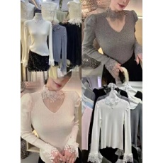 批发设计感蕾丝拼接半高领针织打底衫女秋季法式温柔风修身内搭小上衣