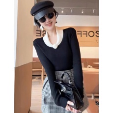 批发夏天家 奥汀玫瑰rose 绵羊毛法式名媛V领长袖撞色打底针织衫女秋