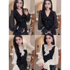 批发轻熟风小众高级感V领荷叶边拼接长袖<b class='q'>衬衫</b>女秋季法式名媛收腰上衣