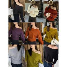 批发氛围感斜领<b class='q'>长袖</b>t恤女秋冬新款显瘦百搭打底衫磨毛加厚蝙蝠袖上衣