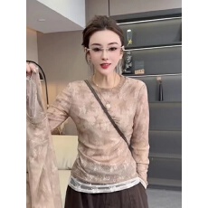 批发欧货透视假两件刺绣提花蕾丝衫女2026早春新款双层撞色内搭打底衫