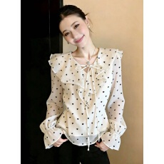 批发2026早春新款法式荷叶花边爱心波点长袖衬衫上衣
