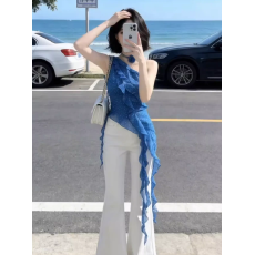 批发韩系不规则蓝色波点斜肩吊带背心女春夏荷叶边无袖外穿设计感上衣