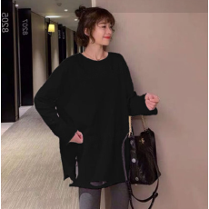 批发纯棉破洞黑色<b class='q'>中长款</b>内搭打底衫春秋宽松洋气长袖t恤女上衣潮