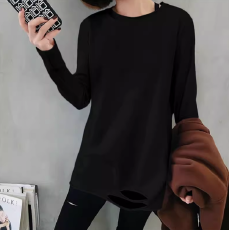 批发黑色长袖t恤女宽松韩版春秋新款<b class='q'>中长款</b>打底衫纯棉内搭上衣潮